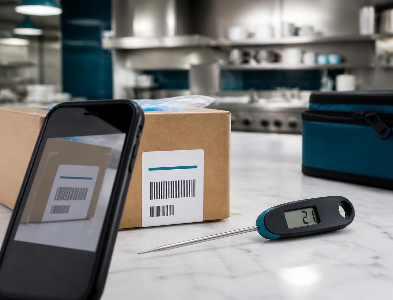 Phone scanning a delivery label next to a probe thermometer in a commercial kitchen